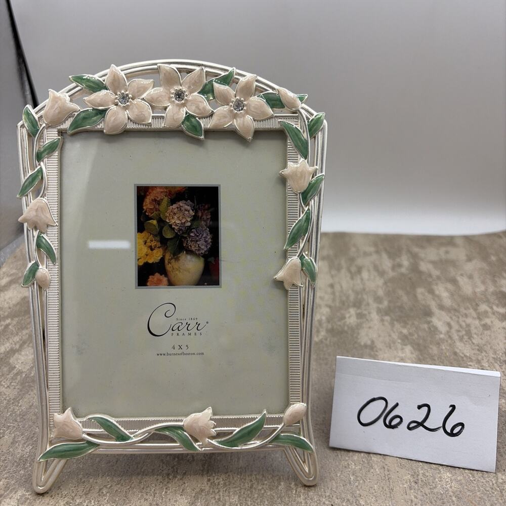 CARR Silver 4x5 Picture Photo Frame Pink Enamel Flower Rhinestones NEW Tabletop